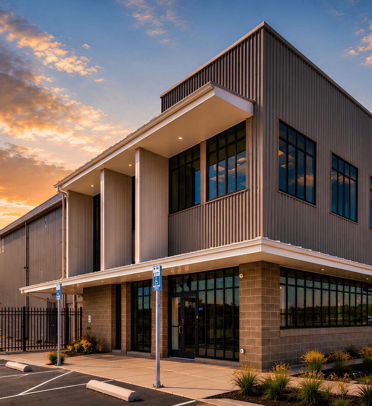 A two-storey office and warehouse building by Fuse at dusk, its entrance canopy lit.